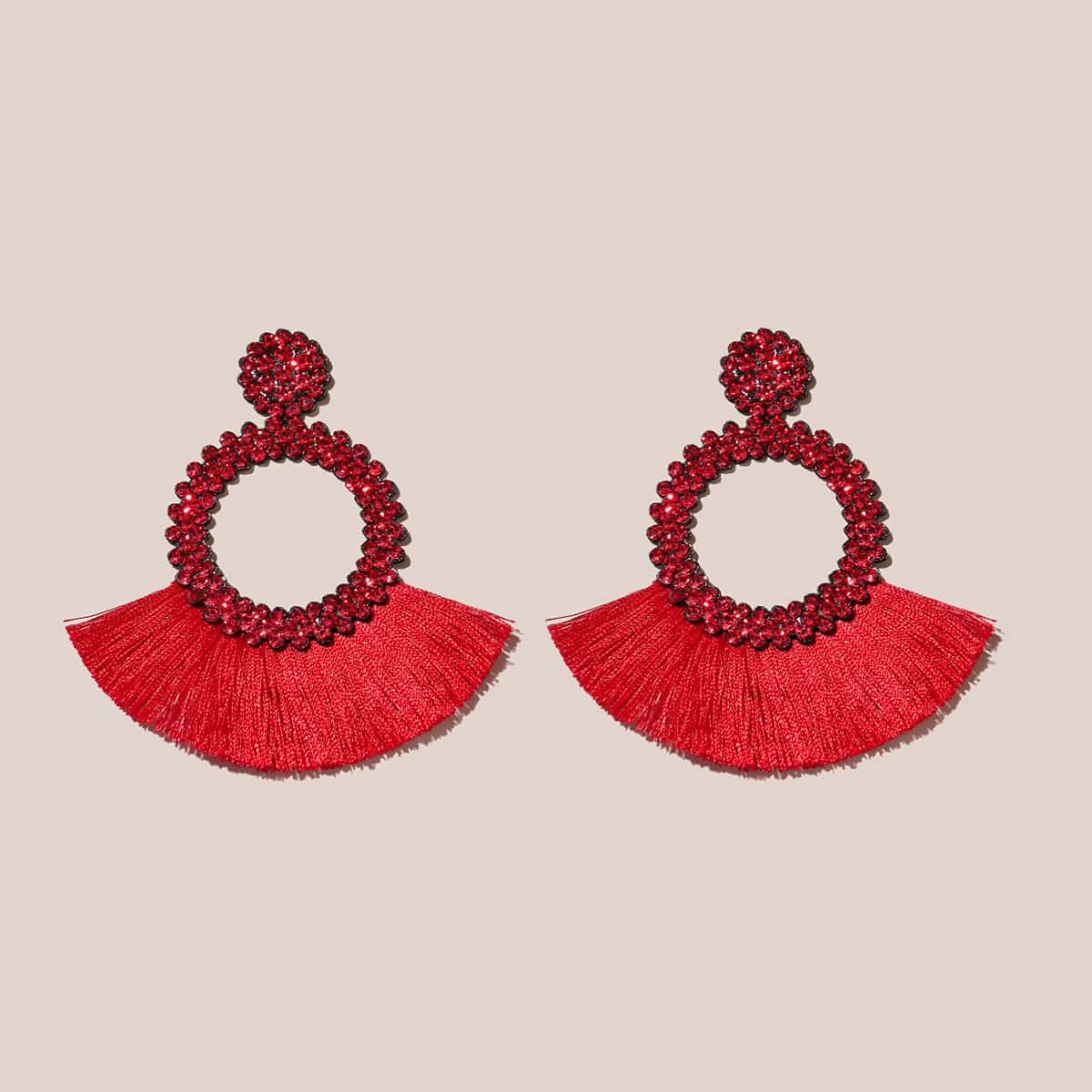

Rhinestone & Tassel Decor Drop Earrings, Red