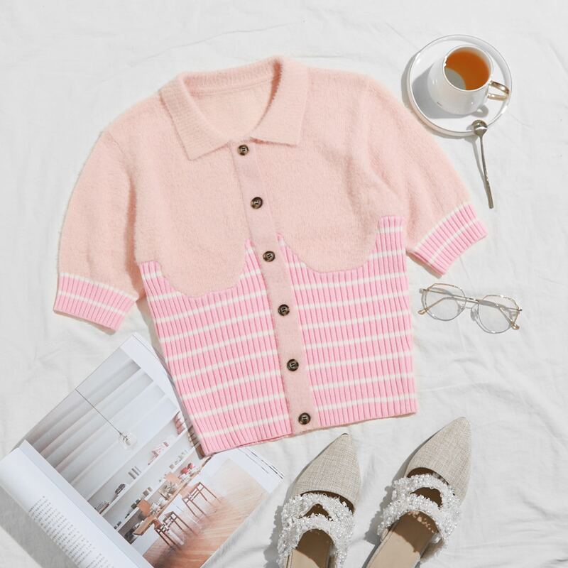 

Button Front Striped Color Block Cardigan, Baby pink