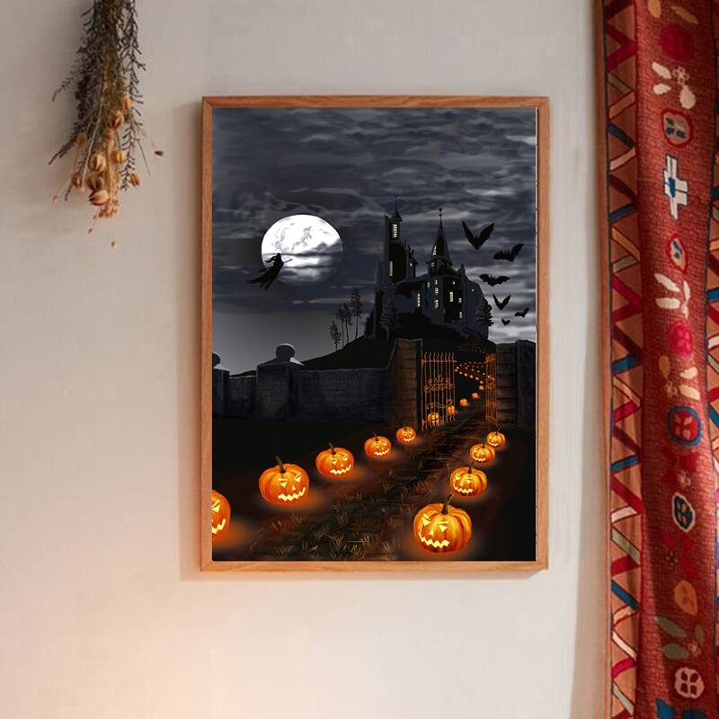 

Halloween Pumpkin Wall Painting Without Frame, Multicolor