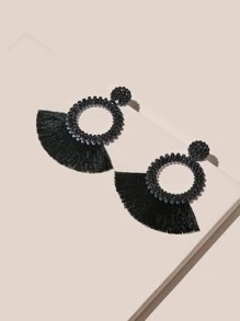 Rhinestone Decor Tassel Drop Earrings - Black - View 2