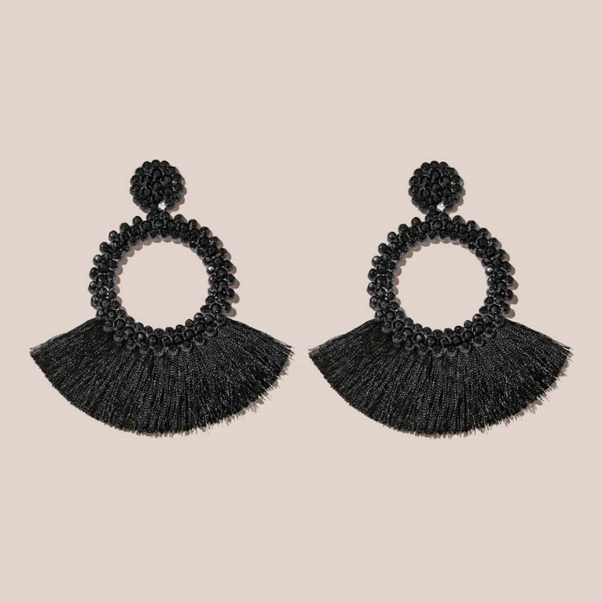 

Rhinestone Decor Tassel Drop Earrings, Black