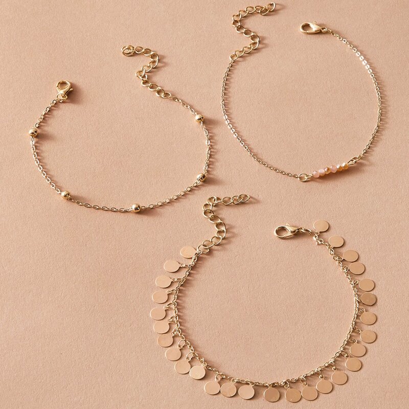 

3pcs Disc & Bead Chain Anklet, Gold