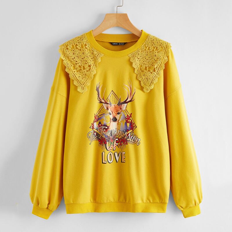 

Guipure Lace Panel Letter and Elk Print Pullover, Yellow bright