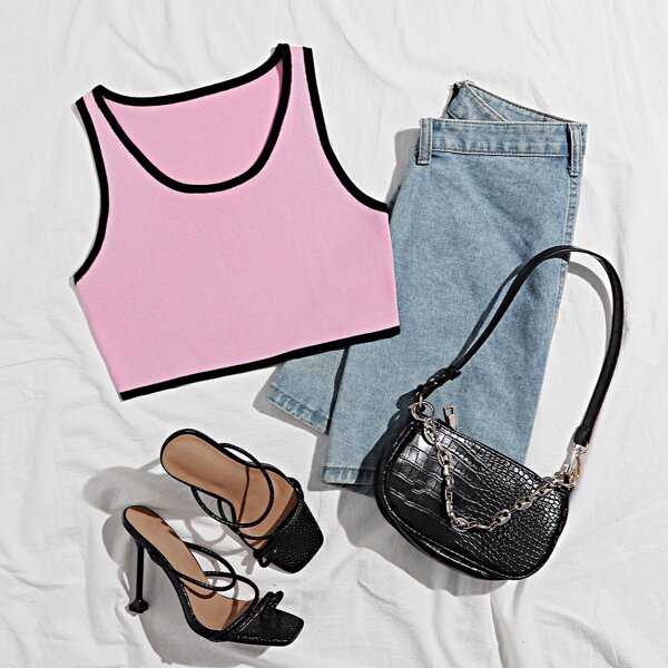 

Contrast Binding Knit Tank Top, Pink