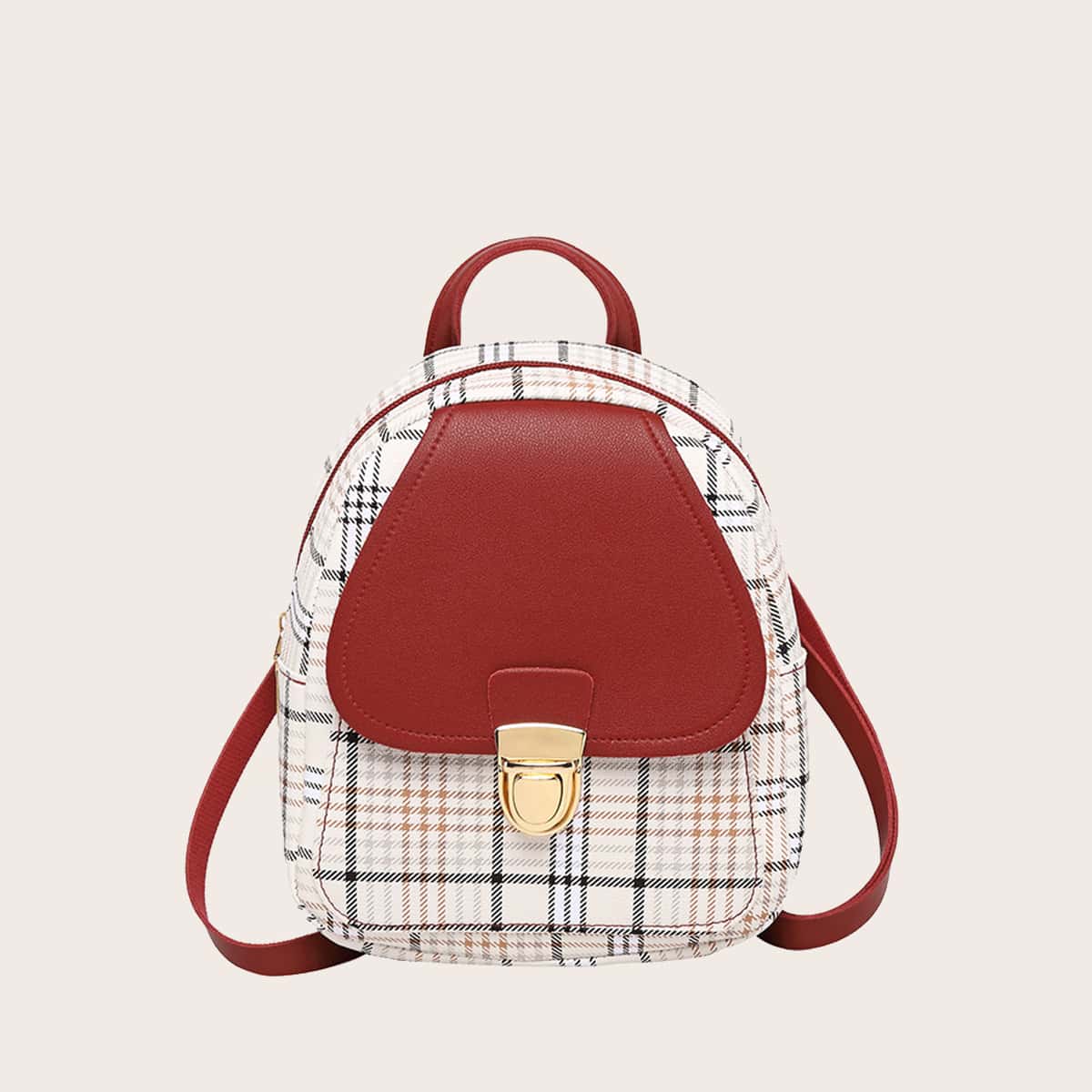 

Push Lock Decor Plaid Backpack, Burgundy