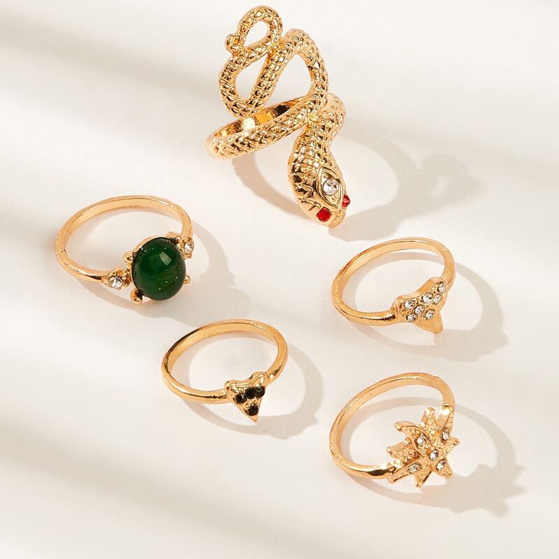 

5pcs Gemstone & Snake Design Ring, Gold