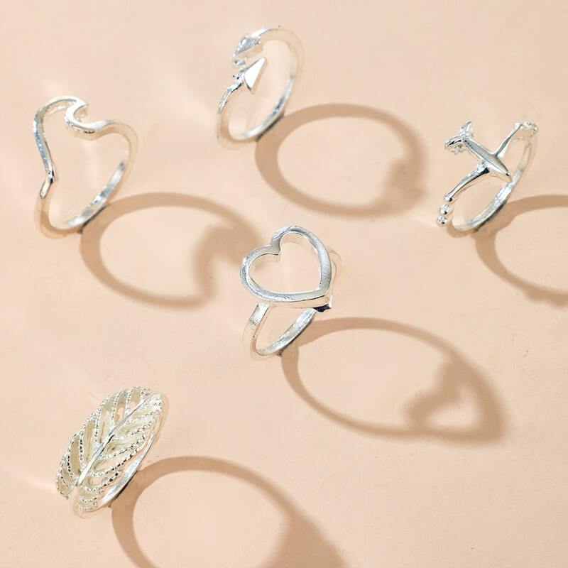

5pcs Leaf & Heart Design Ring, Silver