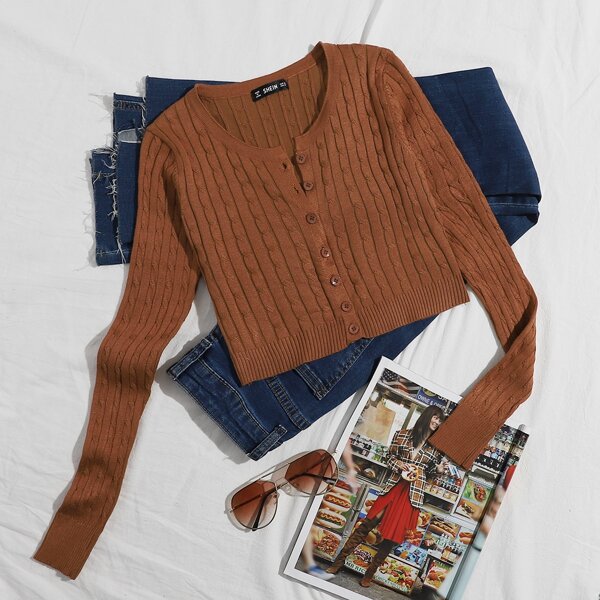 

Button Front Cable Knit Cardigan, Rust brown