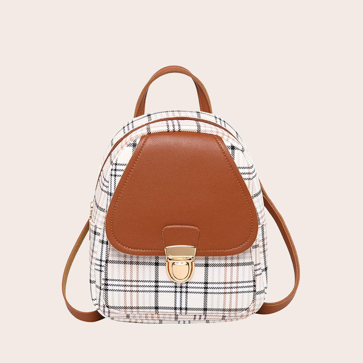 

Push Lock Decor Plaid Backpack, Brown