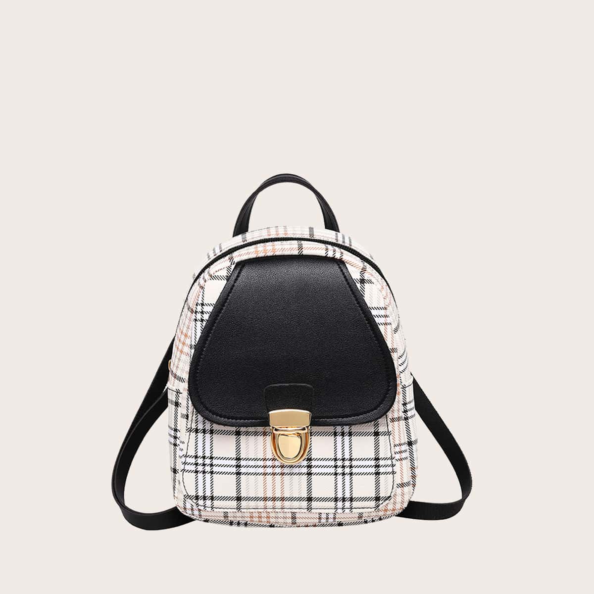 

Push Lock Decor Plaid Backpack, Black