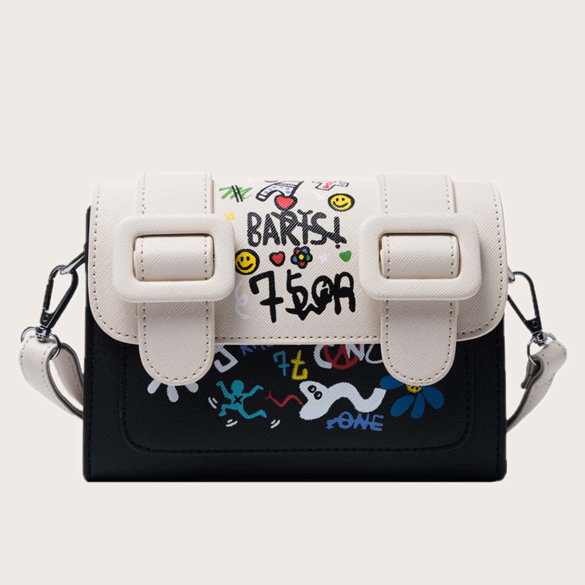 

Graffiti Print Buckle Decor Crossbody Bag, Black and white