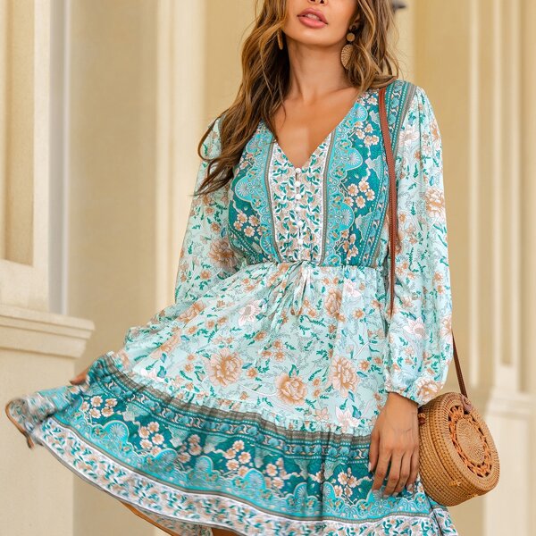 

Floral Print Knot Waist Ruffle Hem Dress, Multicolor