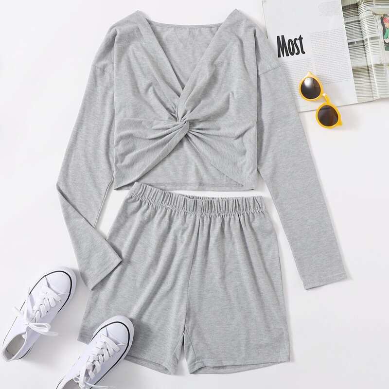 

Solid Twist Front Top & Shorts, Light grey