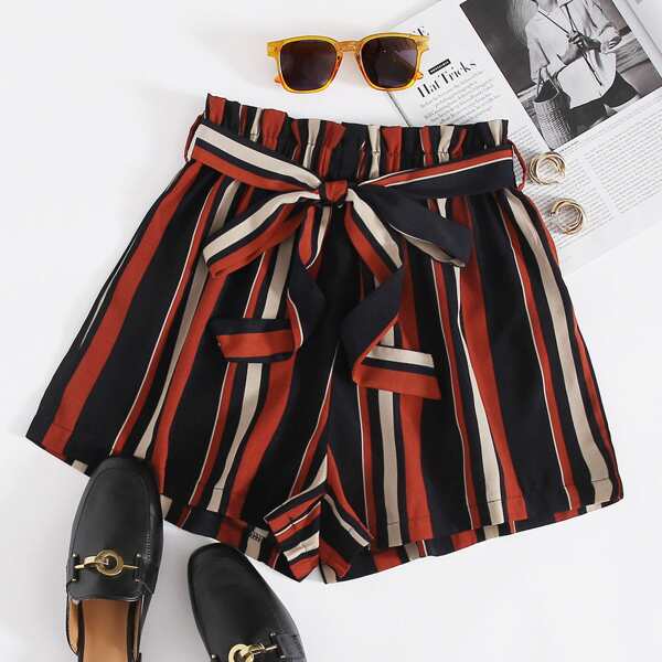 

Striped Print Paper Bag Waist Belted Shorts, Multicolor