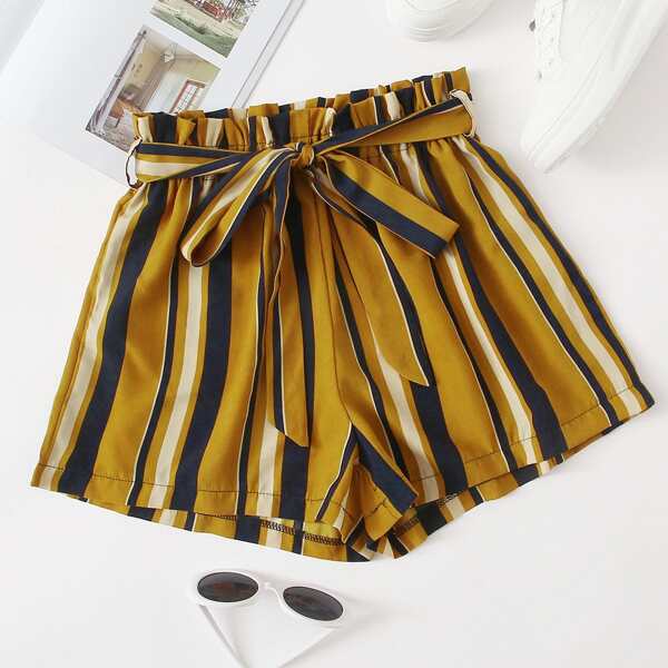 

Striped Print Paper Bag Waist Belted Shorts, Multicolor