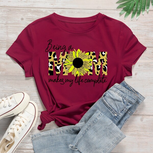 

Slogan & Floral Print Tee, Maroon