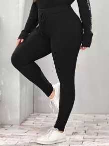 SHEIN EZwear Leggings tejidos de canalé de cintura con nudo - Negro - Ver 1