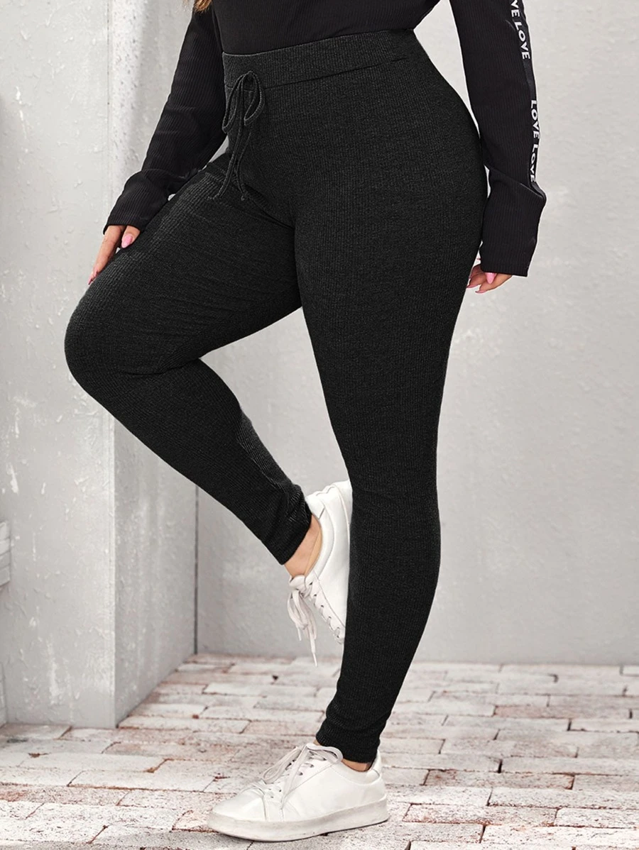 SHEIN EZwear Leggings tejidos de canalé de cintura con nudo - Negro - Ver 1