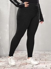 SHEIN EZwear Leggings tejidos de canalé de cintura con nudo - Negro - Ver 4