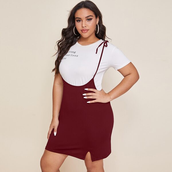 

Plus Split Hem Tie Shoulder Pinafore Skirt, Burgundy