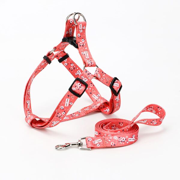 

1pc Dog Floral Print Harness With 1pc Leash, Pink