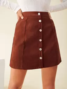 Button Front Solid Mini Skirt - Rust Brown - View 1