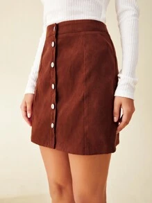 Button Front Solid Mini Skirt - Rust Brown - View 5