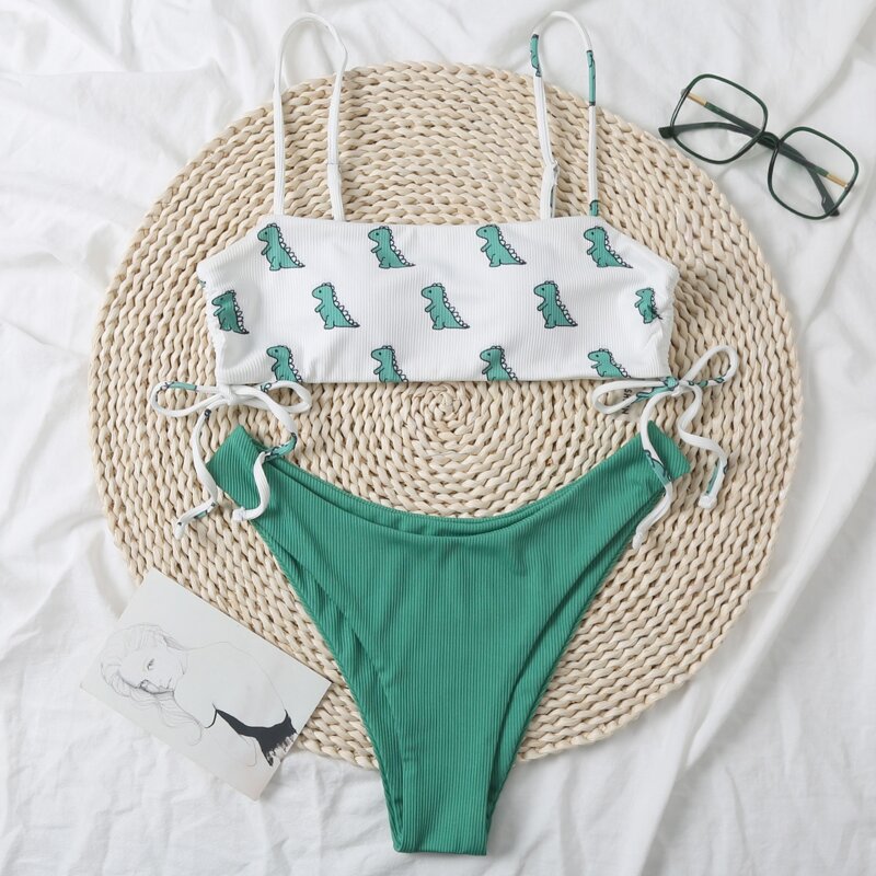 

Cartoon Dinosaur Rib High Cut Bikini Swimsuit, Green