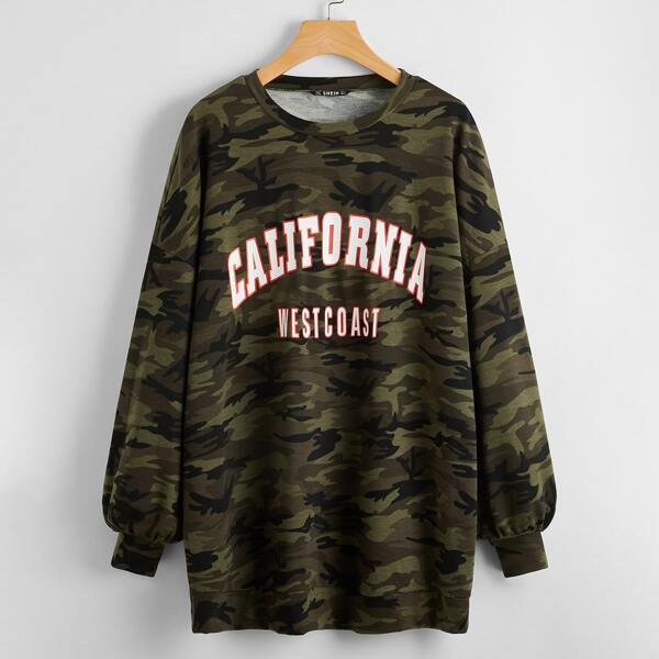 

Letter Graphic Drop Shoulder Camo Pullover, Multicolor