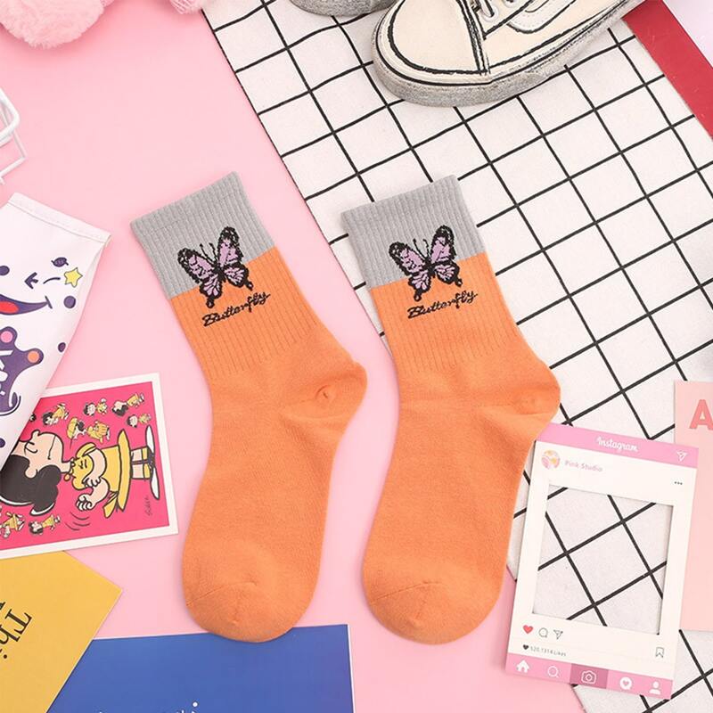 

1pair Colorblock Butterfly Pattern Socks, Orange