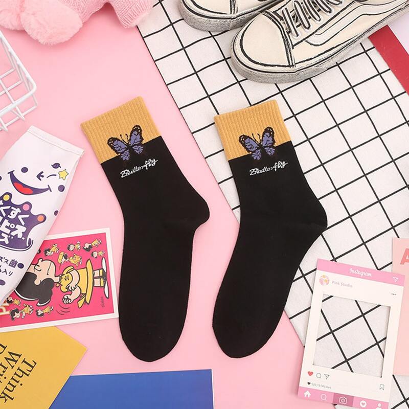 

1pair Colorblock Butterfly Pattern Socks, Black
