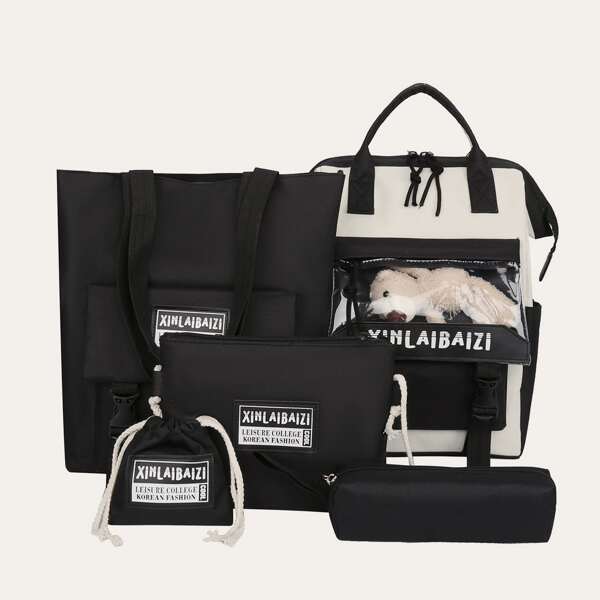 

5pcs Letter Graphic Backpack Set, Black