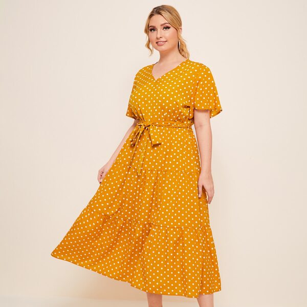 

Plus Polka Dot Butterfly Sleeve Belted Dress, Orange