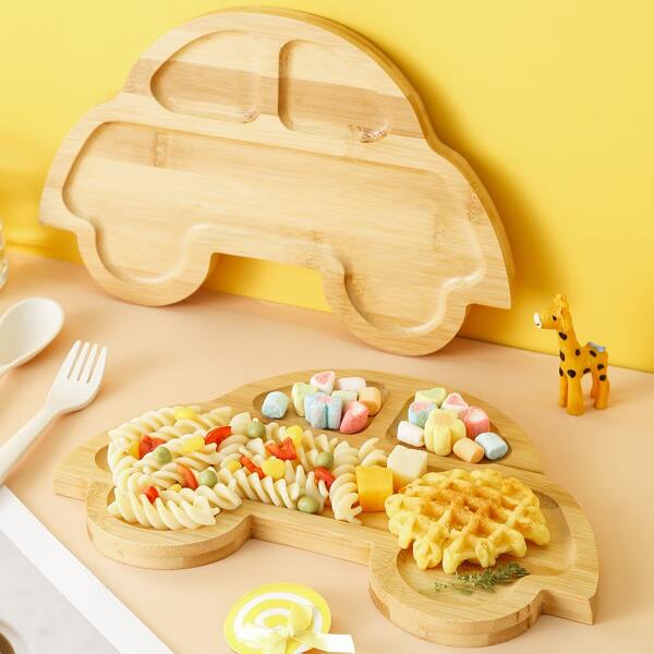

1pc Kids Car Shaped Wooden Plate, Khaki