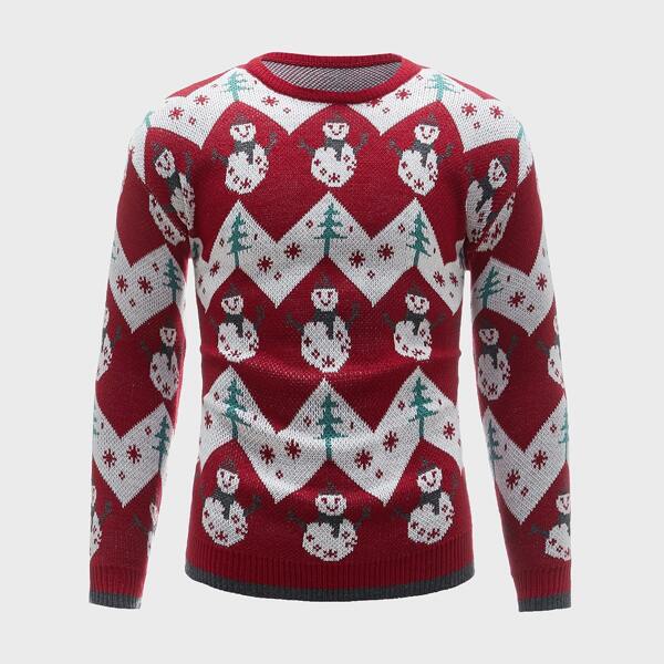 

Men Christmas Snowman Pattern Sweater, Red and white