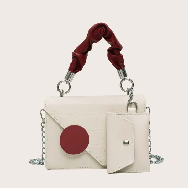 

Asymmetrical Flap Satchel Bag With Purse, Beige
