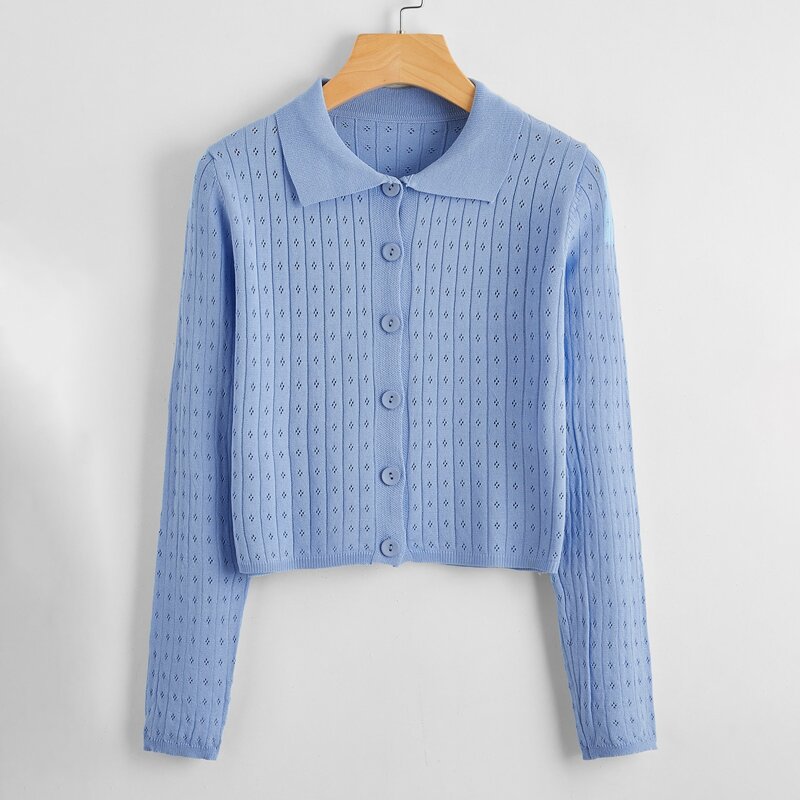 

Collar Eyelet Button Front Cardigan, Baby blue