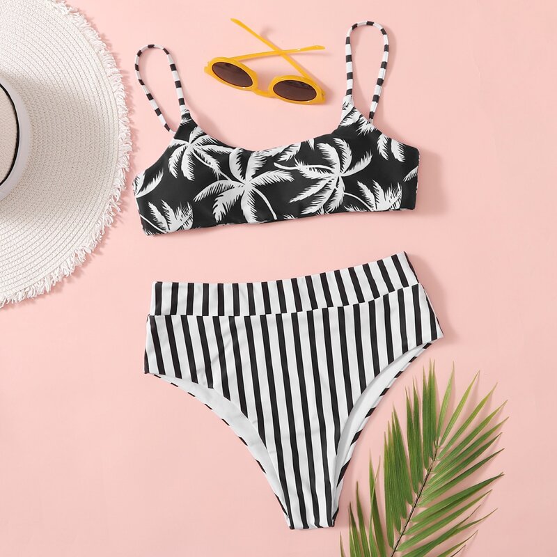 

Tropical & Stripe High Waist Bikini Swimsuit, Black and white