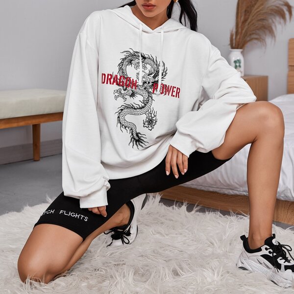 

Chinese Dragon And Slogan Print Hoodie, White