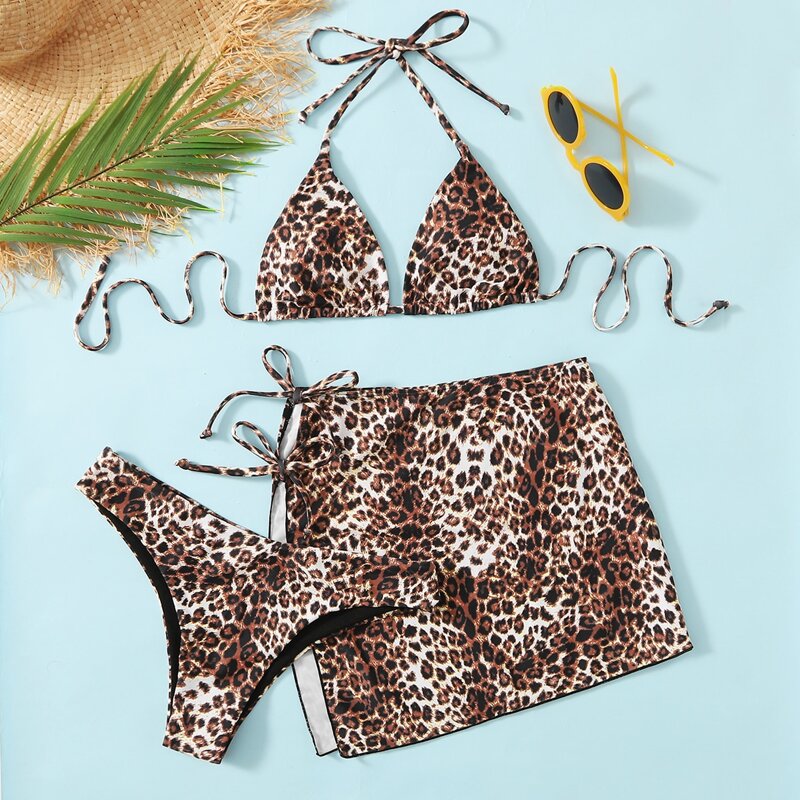 

Leopard Triangle Halter Bikini Swimsuit & Skirt, Multicolor