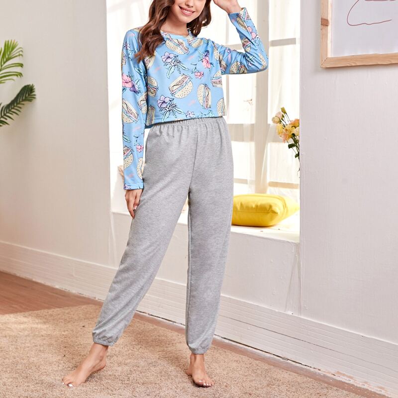 

Floral & Hamburger Print PJ Set, Multicolor