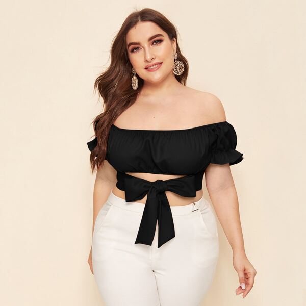 

Plus Tie Front Crop Bardot Top, Black