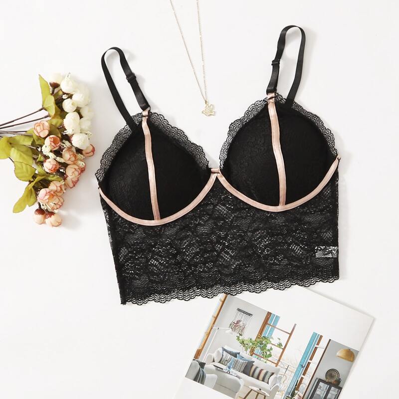 

Contrast Binding Floral Lace Bralette, Black