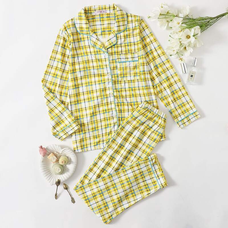 

Plaid Lapel Collar PJ Set, Multicolor