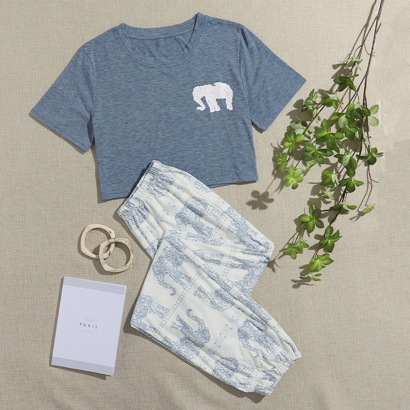 

Elephant Print Tee & Pants PJ Set, Blue and white