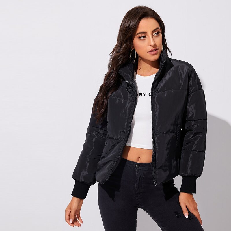 

Zipper Front Puffer Jacket, Black