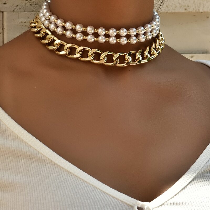 

3pcs Faux Pearl Beaded Necklace, Gold