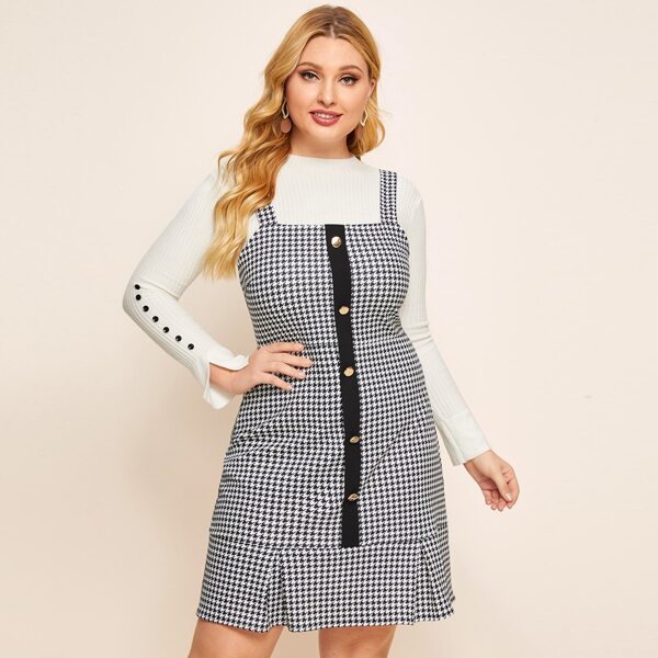 

Plus Houndstooth Print Suspender Dress, Black and white