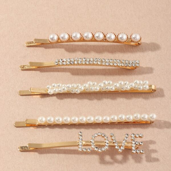

5pcs Rhinestone Faux Pearl Bobby Pin, White