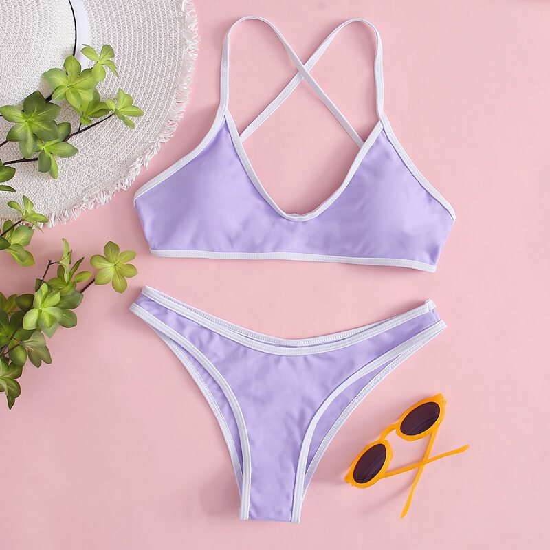 

Contrast Binding Crisscross Bikini Swimsuit, Pastel lilac purple